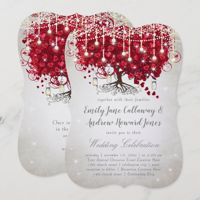 Invitation Rustic Country Mason Jar Rouge & Arbre Argent Mari (Devant / Derrière)