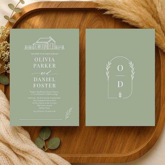Invitation Rustic Country Ranch Line Art Sage Green Wedding (Créateur téléchargé)