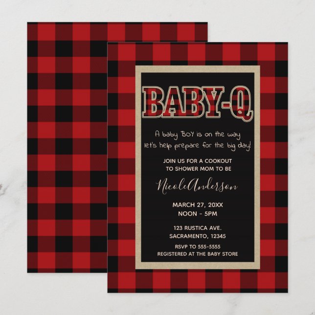 Invitation Rustic Country Red Buffalo Plaid BABY Q BBQ Douche (Devant / Derrière)