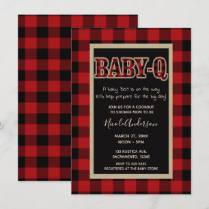 Invitation Rustic Country Red Buffalo Plaid BABY Q BBQ Douche