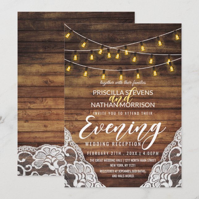 Invitation Rustic Country String Éclairage Dentelle de bois S (Devant / Derrière)