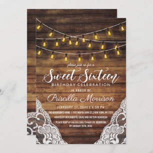 Invitation Rustic Country String Lights Wood Lace Sweet 16