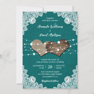 Invitation Rustic Country Turquoise Burlap Mariage dentelle