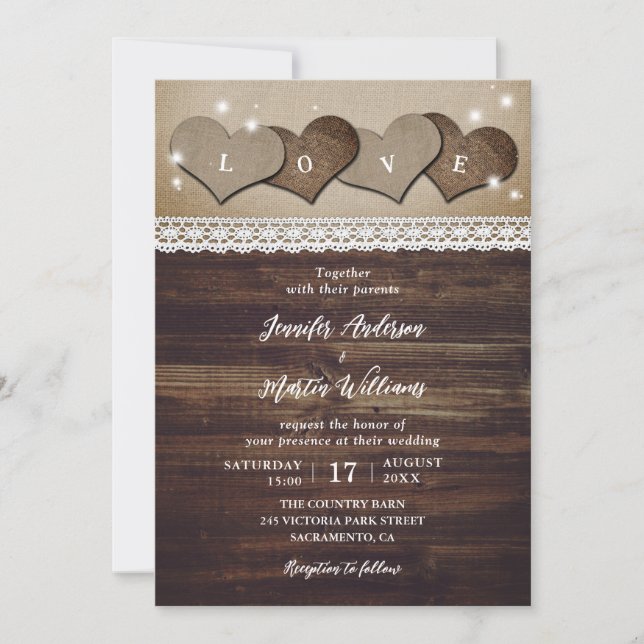 Invitation Rustic Country Vintage Burlap et Mariage de dentel (Devant)