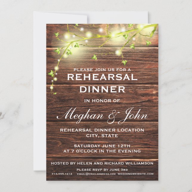 Invitation Rustic Country Wood Mason Lights Dîner de répétiti (Devant)