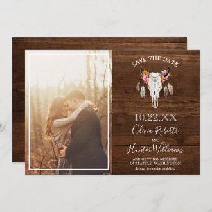 Invitation Rustic Dark Wood Antler Photo Enregistrer la date