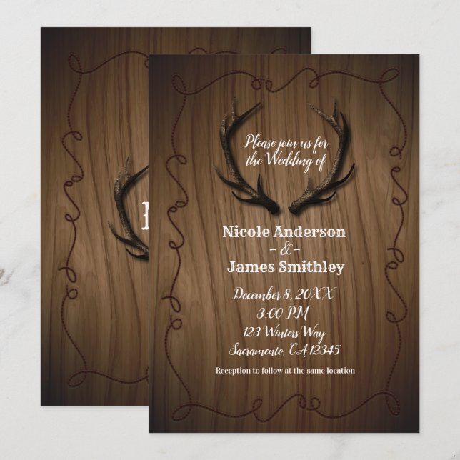 Invitation Rustic Deer Antlers Pays Wood Barne Mariage (Devant / Derrière)