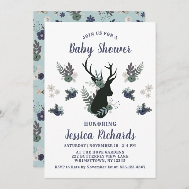 Invitation Rustic Deer Head Bleu Floral Baby shower moderne (Devant / Derrière)
