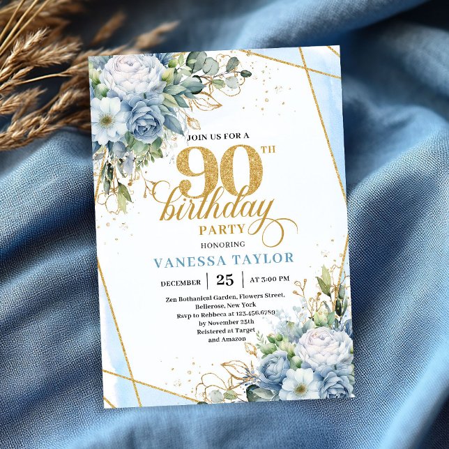 Invitation Rustic Dusty Blue 90th Birthday Floral Script   (Rustic Dusty Blue 90th Birthday Floral Script Invitation

)