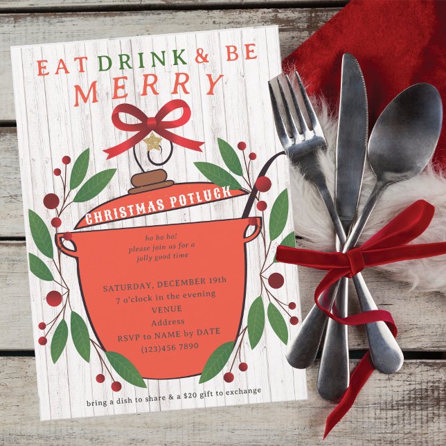 Invitation Rustic Eat Drink and Be Merry Christmas Potluck (Rustic Eat Drink and Be Merry Christmas Potluck Invitation for Church Family Office Xmas Parties)