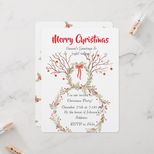 Invitation Rustic elegant watercolour Christmas invite cards (Devant/Arrière en situation)