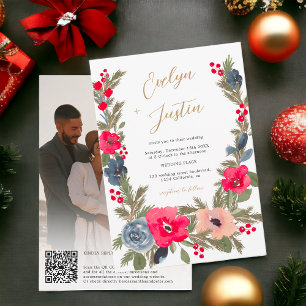 Invitation Rustic Elegant Winter Floral photo Qr code Mariage
