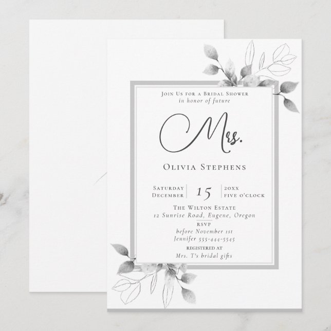 Invitation Rustic Eucalyptus Frame Future Mme Fête des mariée (Devant / Derrière)