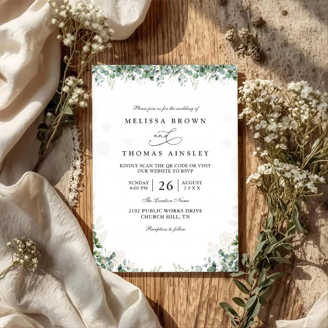 Invitation Rustic Eucalyptus Leaves Greenery QR Code Wedding (Créateur téléchargé)