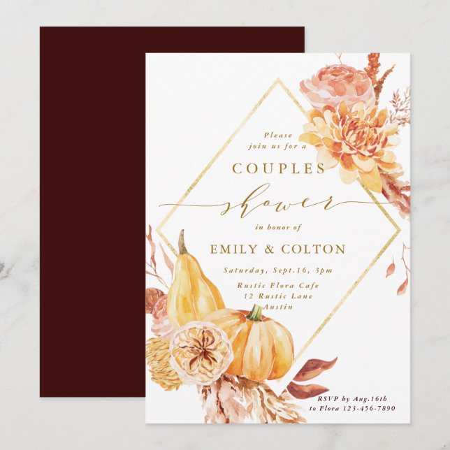 Invitation Rustic Fall Floral Citrouille Gold Couples Douche (Devant / Derrière)