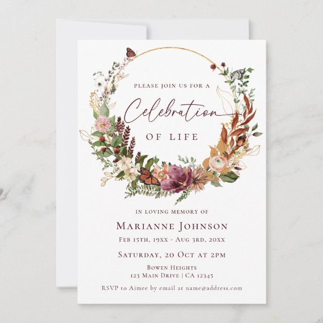 Invitation Rustic Fall Floral Memorial Célébration de la vie (Devant)
