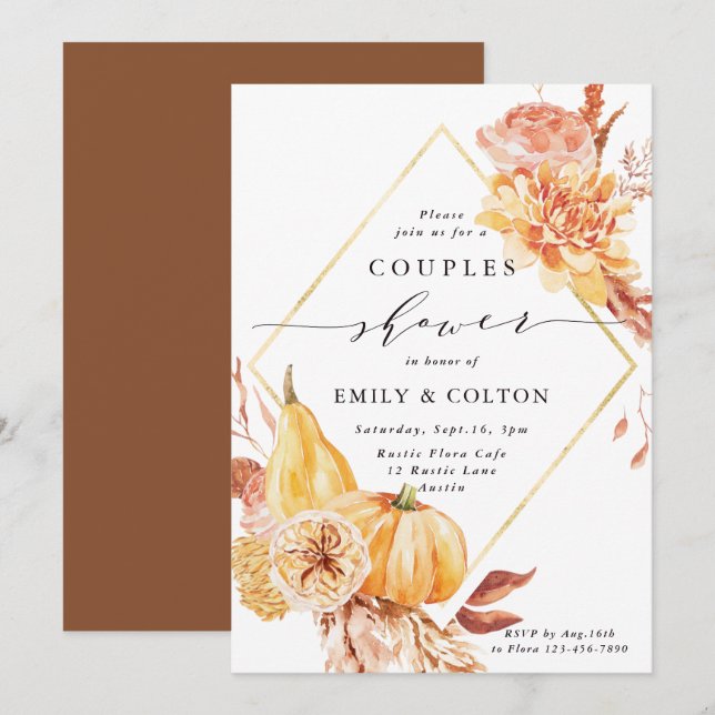 Invitation Rustic Fall Gold Floral Citrouille Couples Douche (Devant / Derrière)