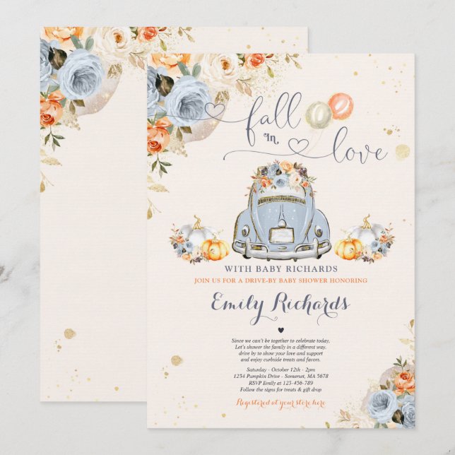 Invitation Rustic Fall In Love Citrouille Drive By Baby showe (Devant / Derrière)