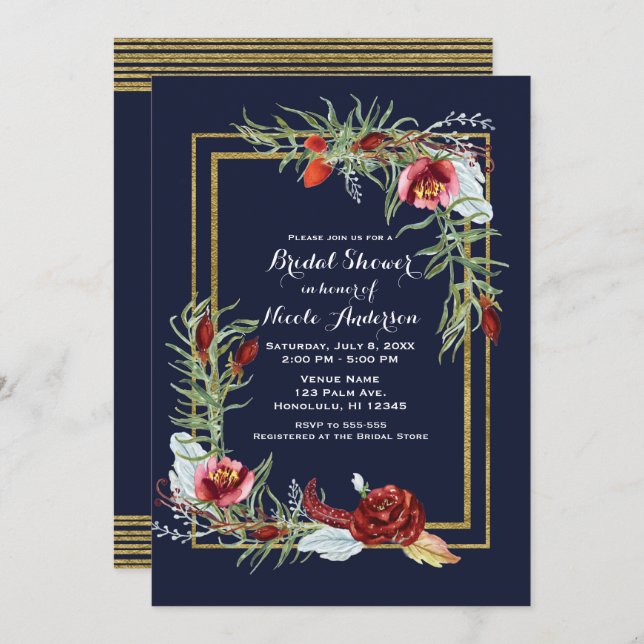 Invitation Rustic Fall Marsala Floral Navy Fête des mariées o (Devant / Derrière)