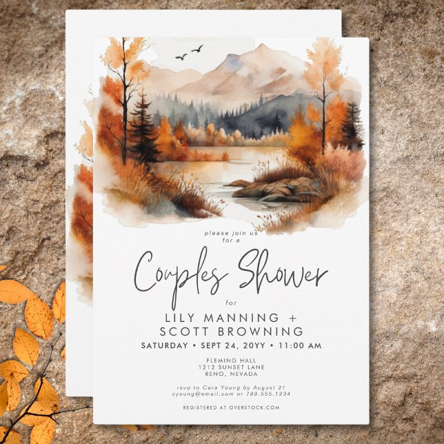 Invitation Rustic Fall Mountain Watercolor Couples Douche (Rustic Fall Mountain Scene Watercolor Couples Shower Invitation)