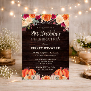Invitation Rustic Fall Orange Citrouille Floral 21e anniversa