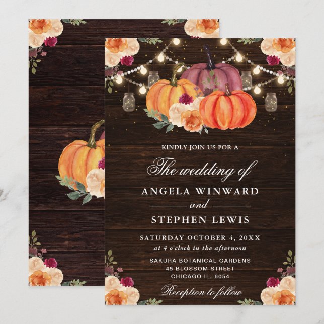Invitation Rustic Fall Orange Citrouille Floral Mariage (Devant / Derrière)