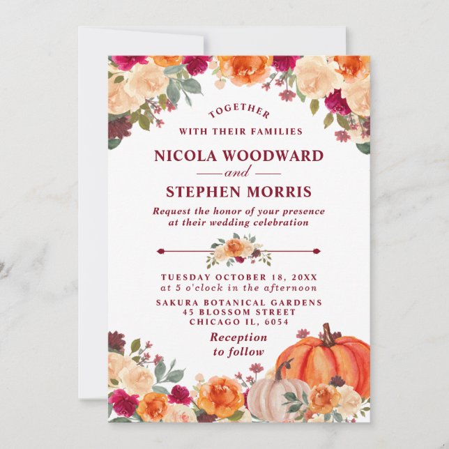 Invitation Rustic Fall Orange Citrouille Floral Mariage (Devant)