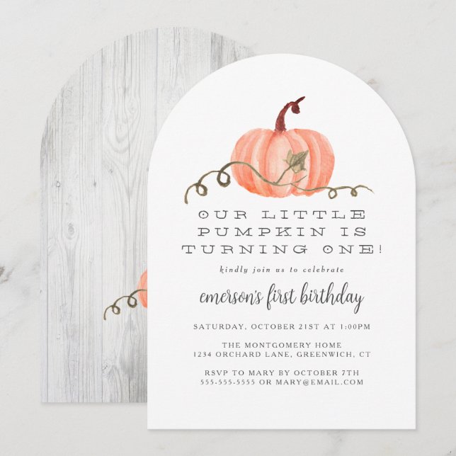 Invitation Rustic Fall Petit Citrouille 1er anniversaire (Devant / Derrière)