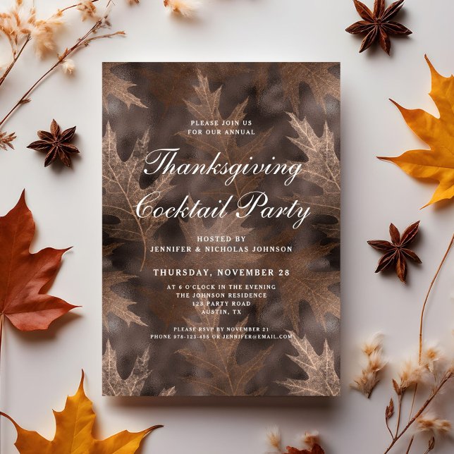 Invitation Rustic Fall quitte Thanksgiving Cocktail Party (Rustic Fall Leaves Thanksgiving Cocktail Party Invitation)