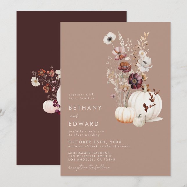 Invitation Rustic Fall Taupe Floral Citrouille Mariage (Devant / Derrière)