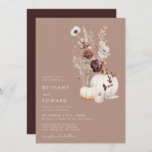 Invitation Rustic Fall Taupe Floral Citrouille Mariage