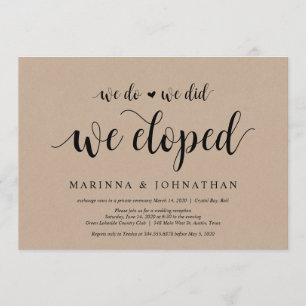 Invitation Rustic Farm Kraft, script noir, Elopement Mariage