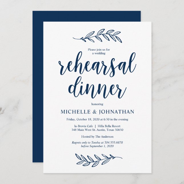 Invitation Rustic Farm Navy Blue, Dîner de répétition Mariage (Devant / Derrière)