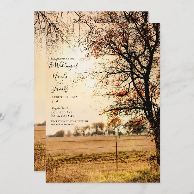 Invitation Rustic Field Gold Soirée d'automne Mariage coucher (Devant / Derrière)