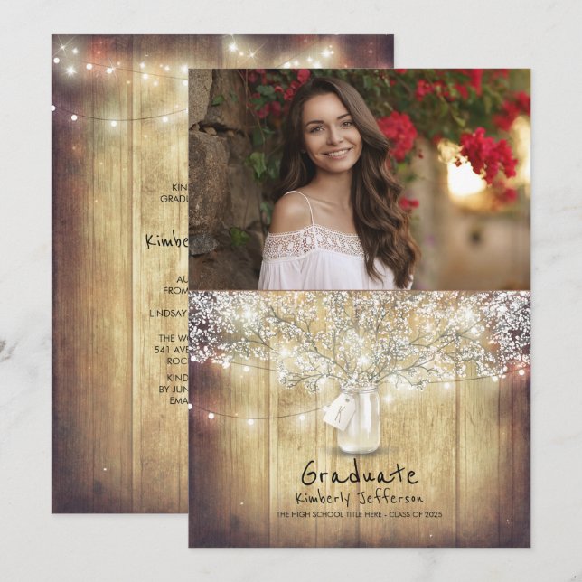 Invitation Rustic Floral Mason Jar Photo Graduation Party (Devant / Derrière)