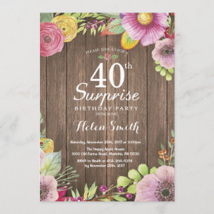 Invitation Rustic Floral Surprise 40e anniversaire