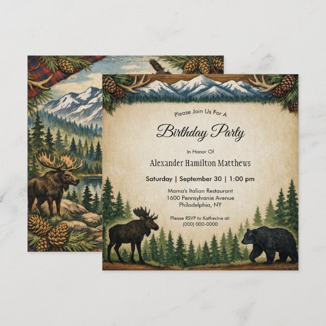 Invitation Rustic Forest Birthday Party  (Devant / Derrière)