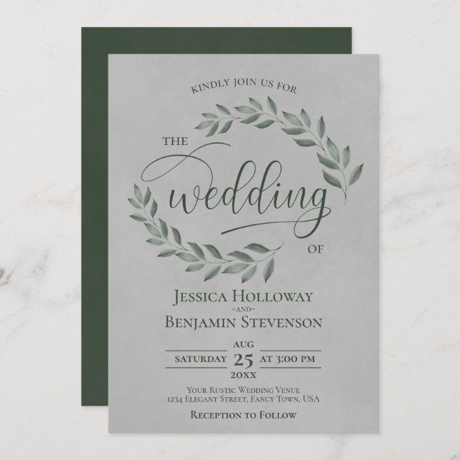 Invitation Rustic Forest Green Leaves Elegant Gray Wedding (Devant / Derrière)
