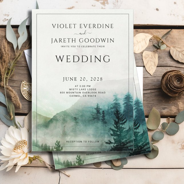 Invitation Rustic Forest Mist Aquarelle Pine Trees Mariage (Créateur téléchargé)