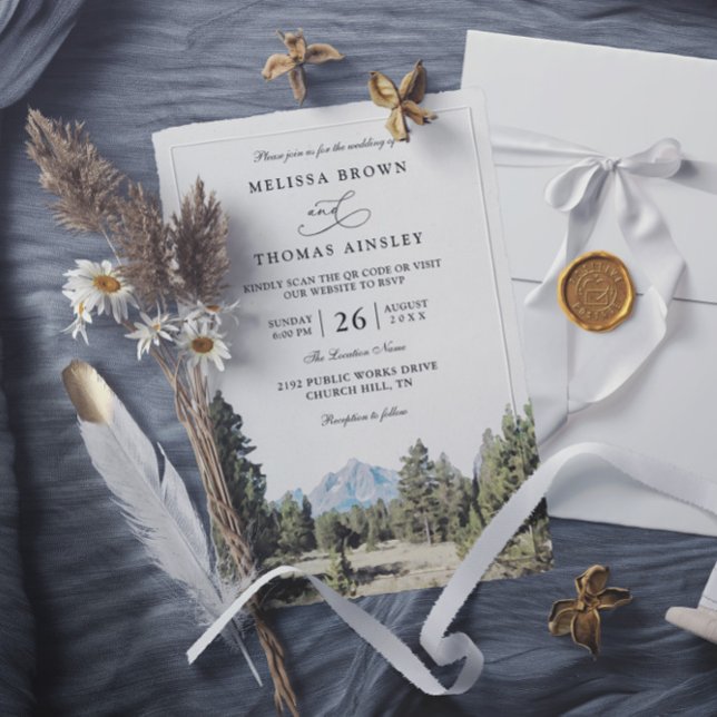 Invitation Rustic Forest Mountain Skyline QR Code Wedding (Créateur téléchargé)