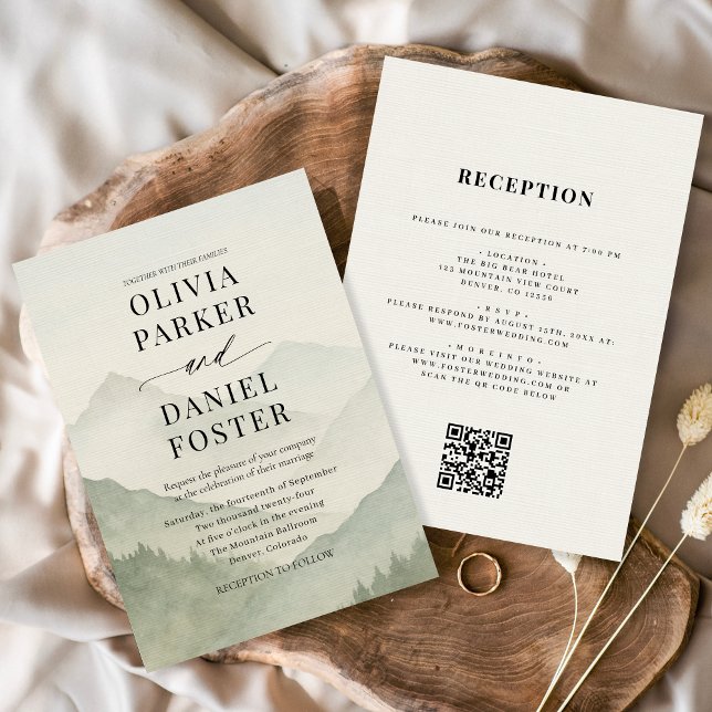 Invitation Rustic Forest Mountains QR Code Wedding  (Créateur téléchargé)
