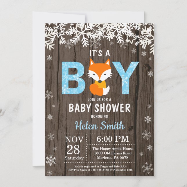 Invitation Rustic Fox Winter Boy Baby shower (Devant)
