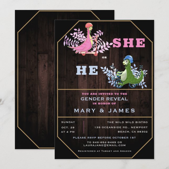 Invitation Rustic Funny Dinosaures Foliage Genre Reveal Party (Devant / Derrière)