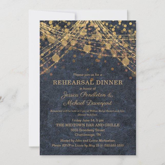Invitation Rustic Glam Navy Blue Gold String Lumières (Devant)