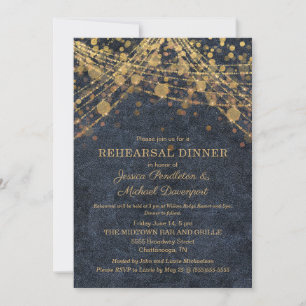 Invitation Rustic Glam Navy Blue Gold String Lumières