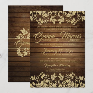 Invitation Rustic Gold Damask et Barn Wood Mariage