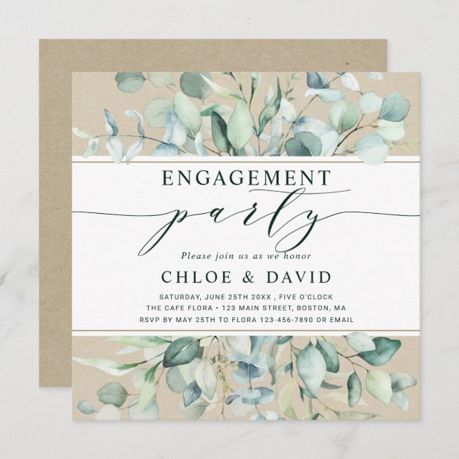 Invitation Rustic Gold Green Botanical Engagement Party (Devant / Derrière)