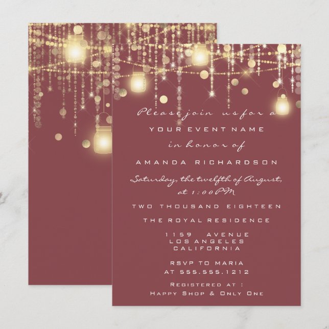 Invitation Rustic Gold Lights Jar Blush Rose Mariage (Devant / Derrière)