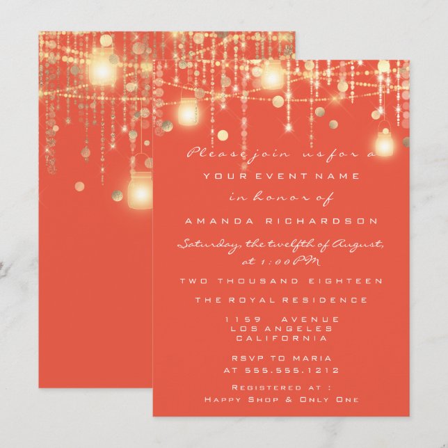 Invitation Rustic Gold Lights Jar Coral Rose Mariage (Devant / Derrière)