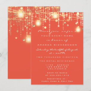 Invitation Rustic Gold Lights Jar Coral Rose Mariage
